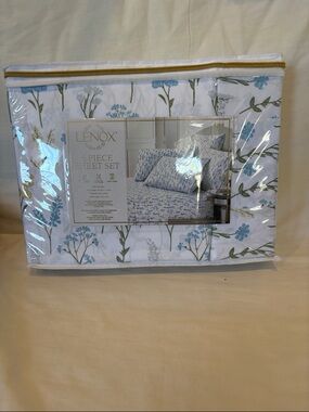Lenox White King Size Sheet Set w/Blue & Green Floral Print with 4 Pillowcases
